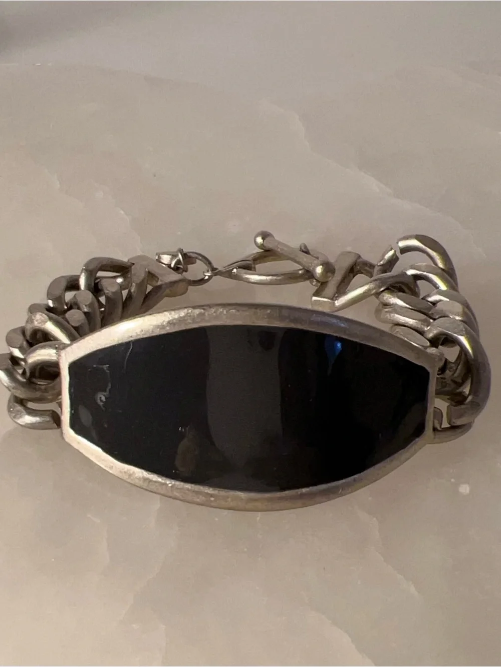 LOFT dark grey silver chunky toggle ID bracelet with Black oval centerpiece